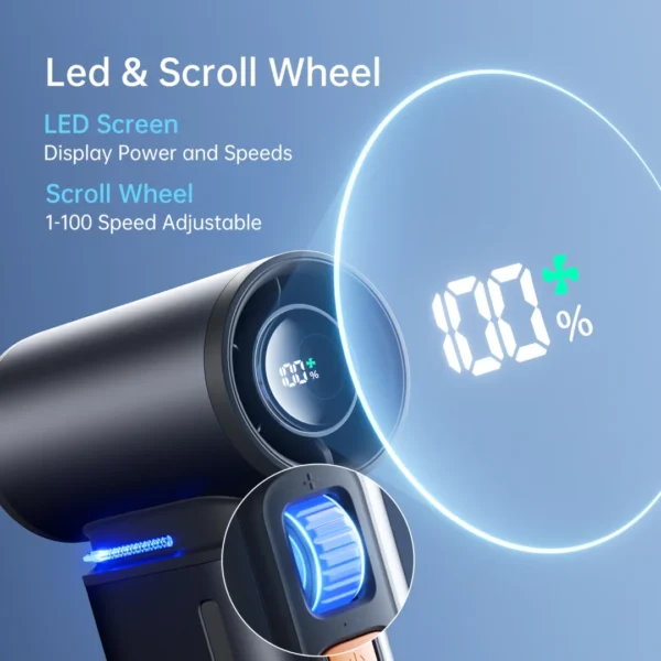 JISULIFE Portable Turbo Handheld Fan, 100 Winds Speeds Adjustable, 9000 mAh Rechargeable Battery, LED Display, Outdoor Camping - Image 2